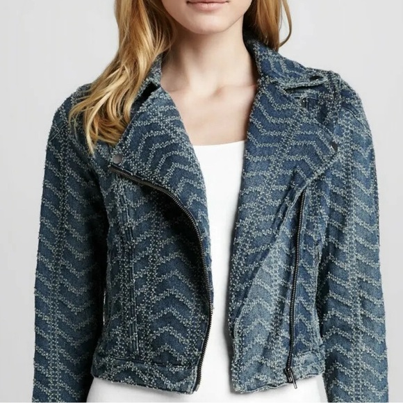 Free People Punched Denim Moto Herringbone Blue Jean Jacket Size 6 - Picture 6 of 16